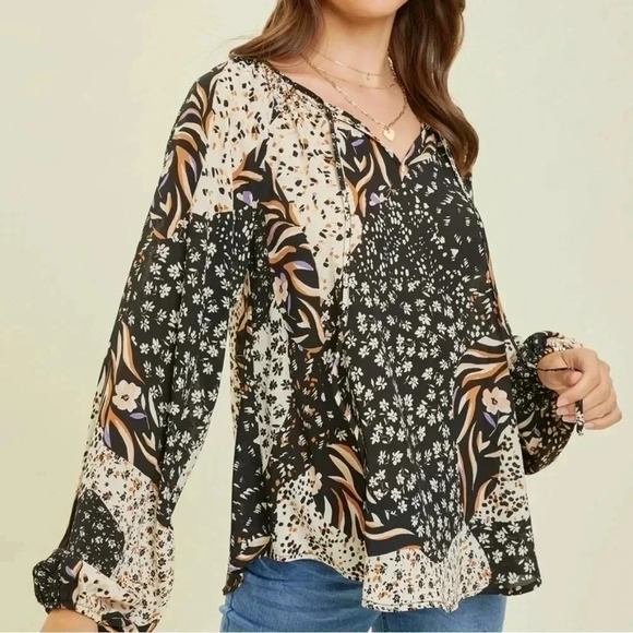 HEYSON FLORAL MIXED PRINT ROUND NECK FLARE BLOUSE WITH BALLOON SLEEVES - Picture 1 of 2